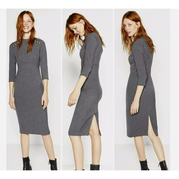 Zara Woman Gray Tweed Pencil Tube Nautical Button Midi Dress Medium‎ - Picture 10 of 15